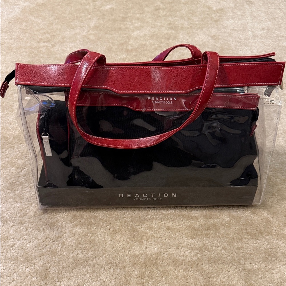 Kenneth Cole Reaction Clear Tote with Red and Black Accent Vintage Y2K - 6pc set